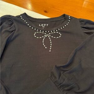 NWT LOFT Black Long Sleeve Top with Stone “Bow” Embellishments, Sz. Large
